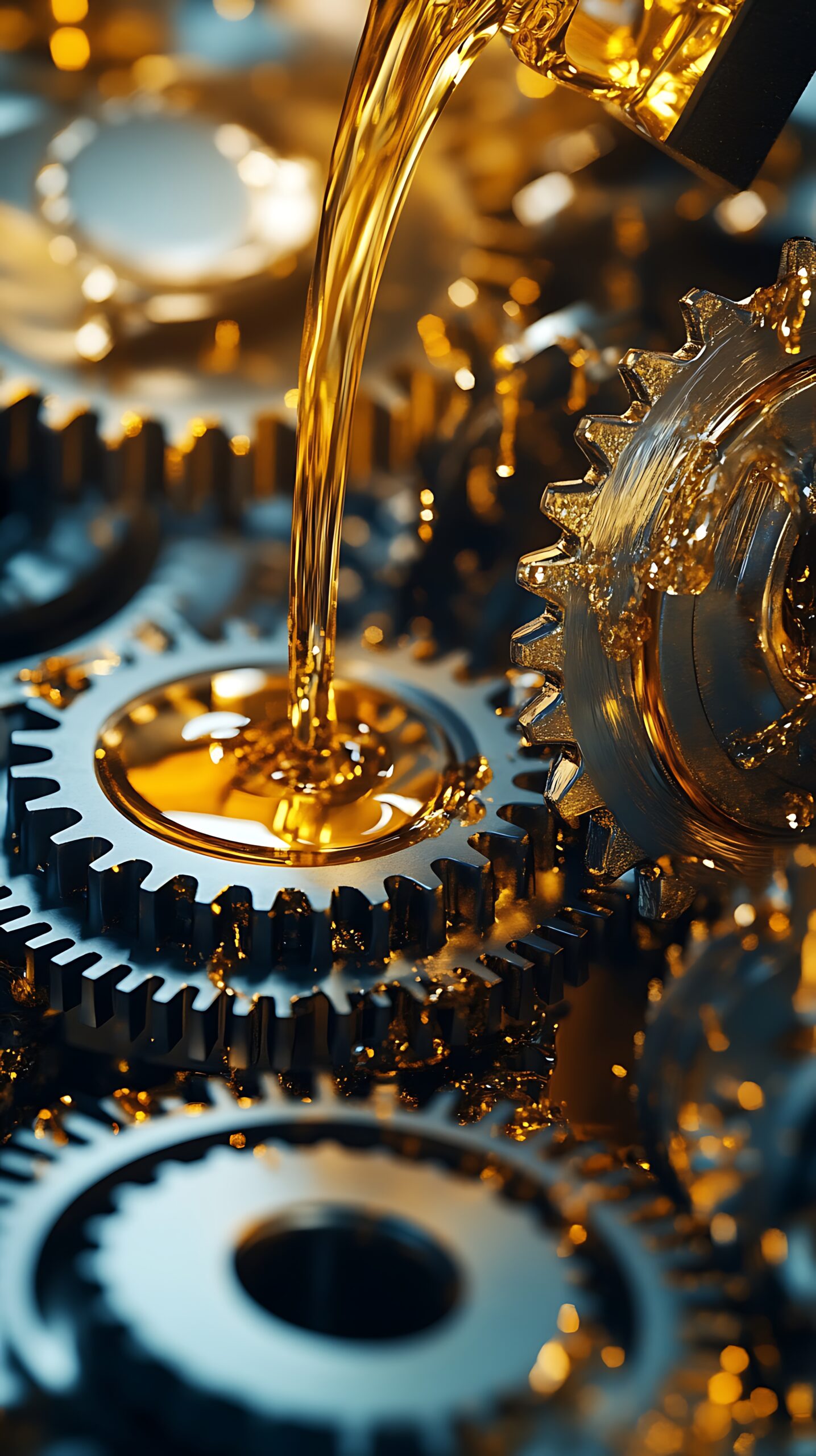 Close-up of golden oil pouring over metal gears.